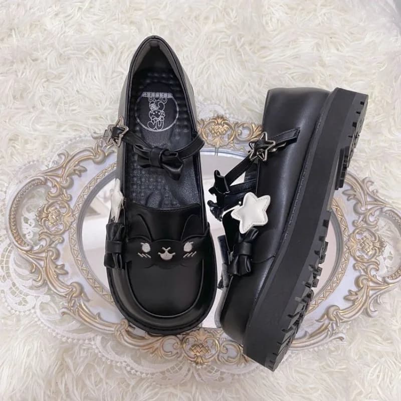 Cute Cartoon Cat Face Platform Mary Jane Shoes Women Star Bow T-Strap Lolita Flat Shoes Gothic Japanese JK Uniform Loafers