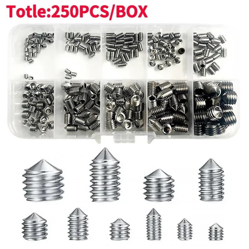 250pcs M3 M4 M5 M6 M8 headless bolt with conical end with box, stainless steel recessed hexagon screw Set with cone tip
