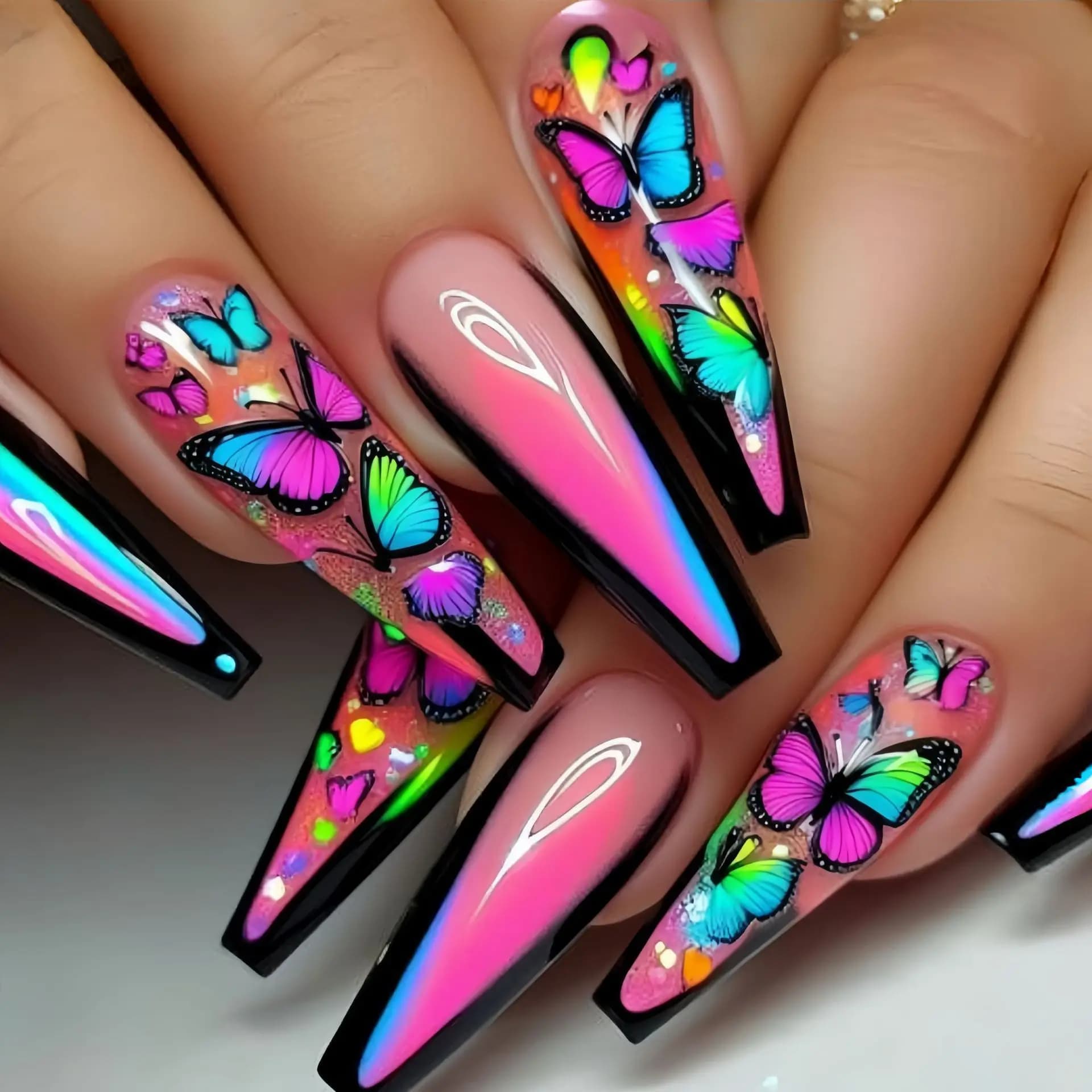 Women's Fake Short Long Nails Sfumate Purple Rose Red Flowers Butterfly Y2K Summer tips square presses on fake nails