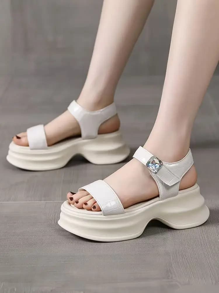 2026 Summer New Women's Leather One word Wedges Sandals Thick Sole Light Non Slip Velcro Outdoor Beach Sandals High Heel Sandals