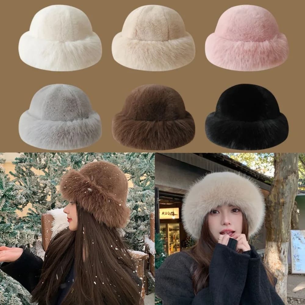 Copricapo alla moda Cappello invernale in soffice pelliccia Cappello a secchiello in peluche tinta unita Addensare berretto Panama antivento freddo per donne e ragazze