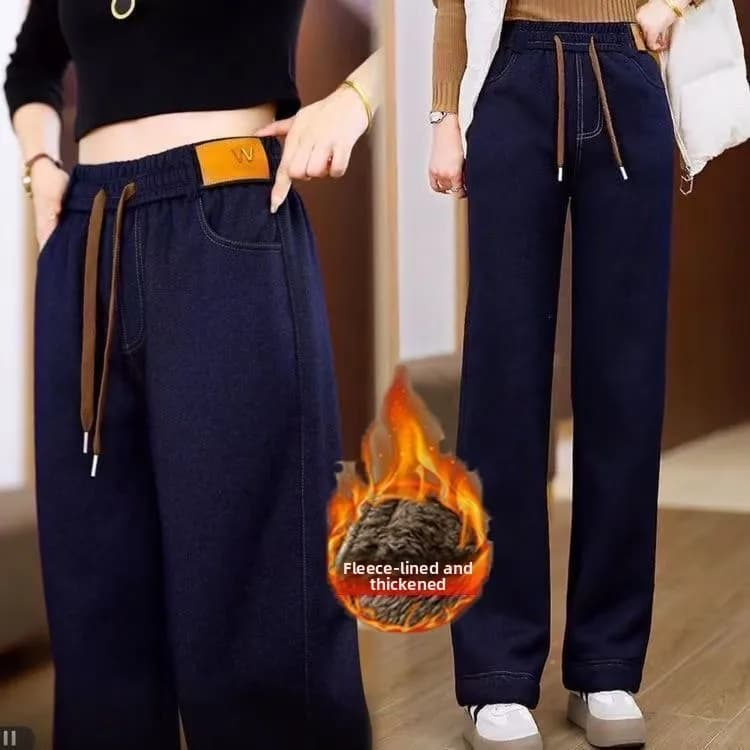 2026 New High Waist Elastic Casual Fleece Lined Women's Jeans Loose Straight Fit Versatile Pants Polyester Fiber High Waist