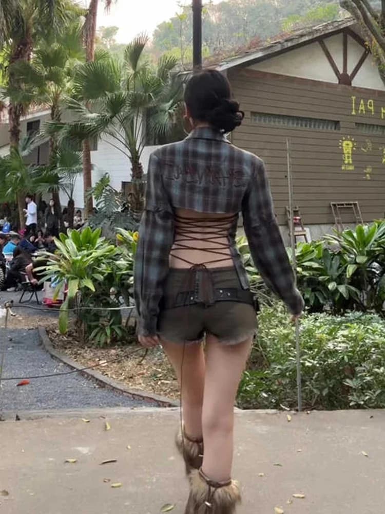 Y2k American Retro Set da 2 pezzi Donna Spice Girl Camicie scozzesi senza schienale Top + Pantaloncini a vita alta Harajuku Punk Abbigliamento donna Nuovo