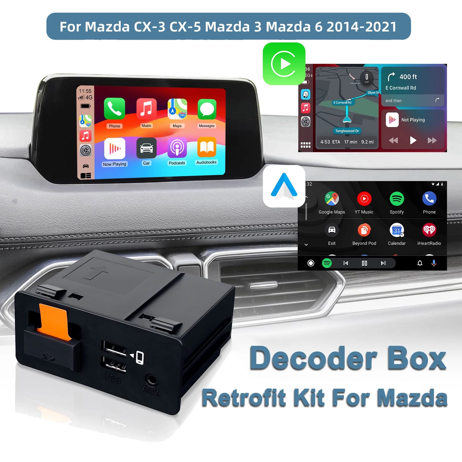 Wireless CarPlay Android Auto Retrofit Decoder Box USB Hub Kit di aggiornamento per Mazda 2 3 6 CX3 CX5 CX9 MX5 2014-2021 MZD System