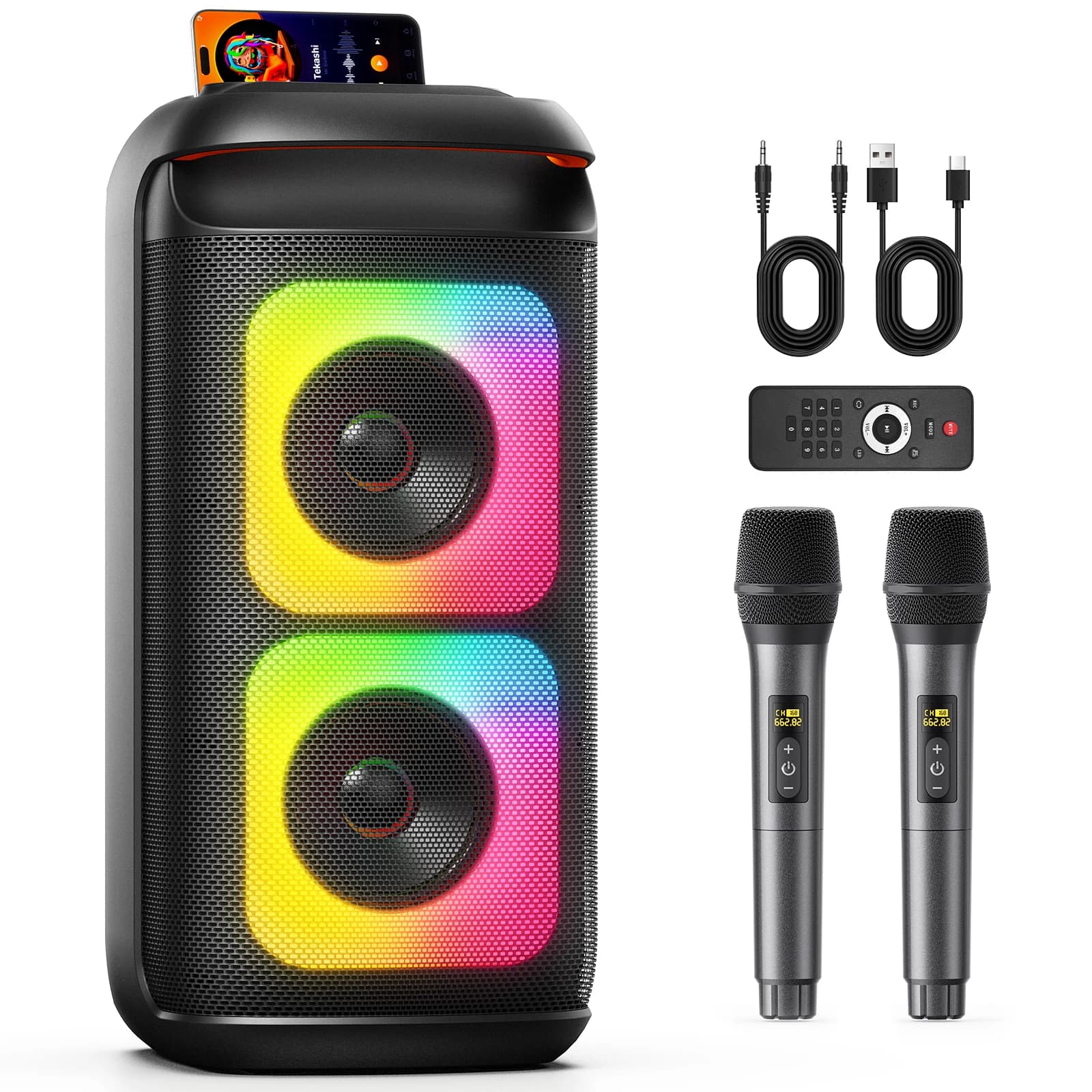 Altoparlante Bluetooth grande T37, macchina per karaoke con due microfoni, USB, scheda TF, registrazione, con Tws, con altoparlante per karaoke riverbero
