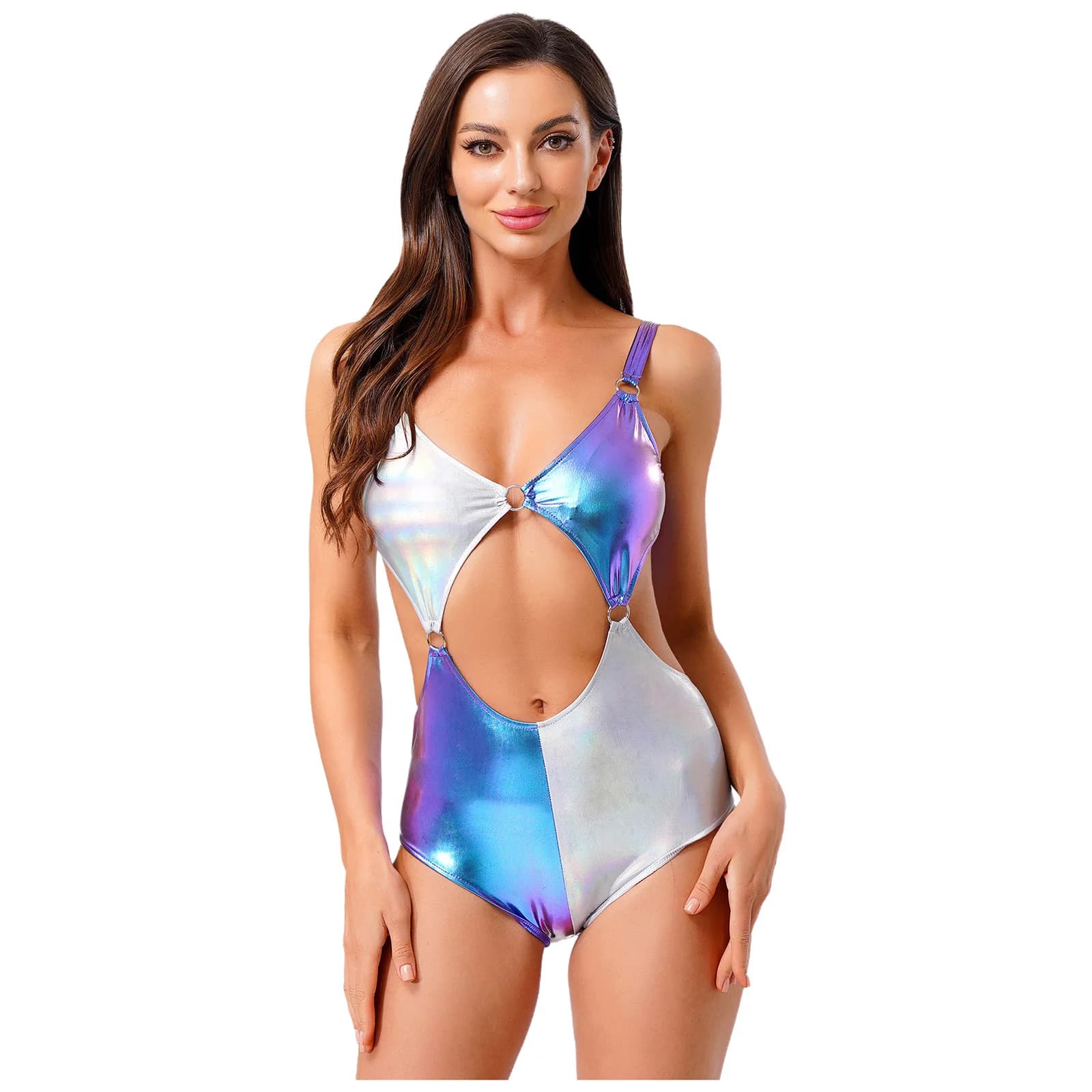 Women's Body Metallic Polished Sleeveless Digs Out O-ring Connected Body with Blonde Full Swimwear Disco Party Clubwear