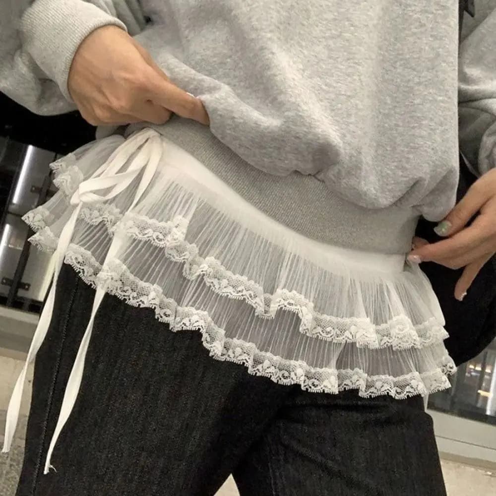 Nuova minigonna in pizzo con fiori ricamati vedere attraverso Y2K streetwear gonna con volant con lacci decorazione jeans con tende di testa Harajuku