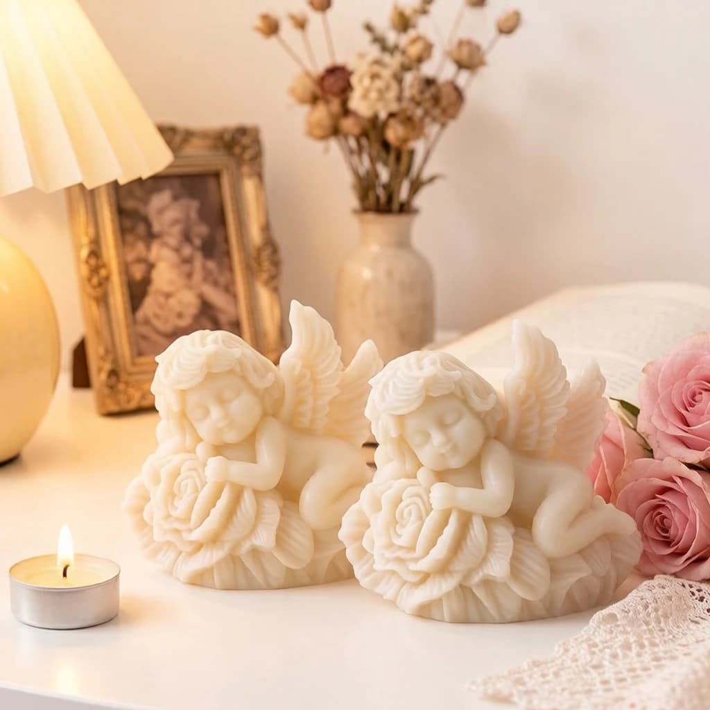 3D Baby Angel Rose Flower Candle Silicone Mold DIY for Aroma Plaster Resin Soap Figurine Craft Home Decor Gift