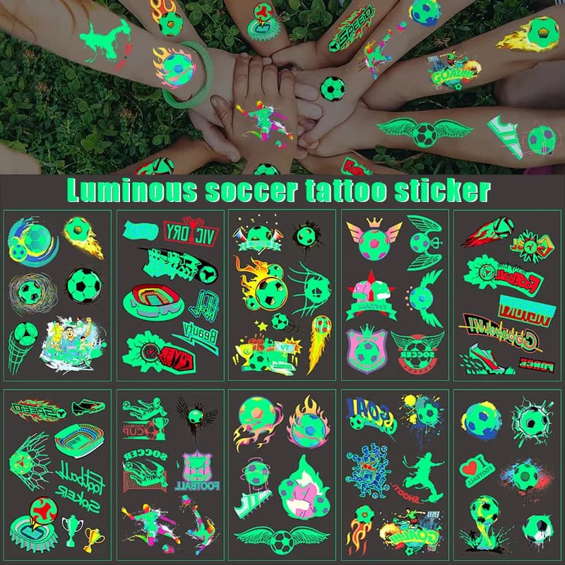 10pcs Kids Soccer Party Luminous Tattoo Sticker Boys Football Birthday Party Favors Supplies Gift for Guest Temporary Tattoo