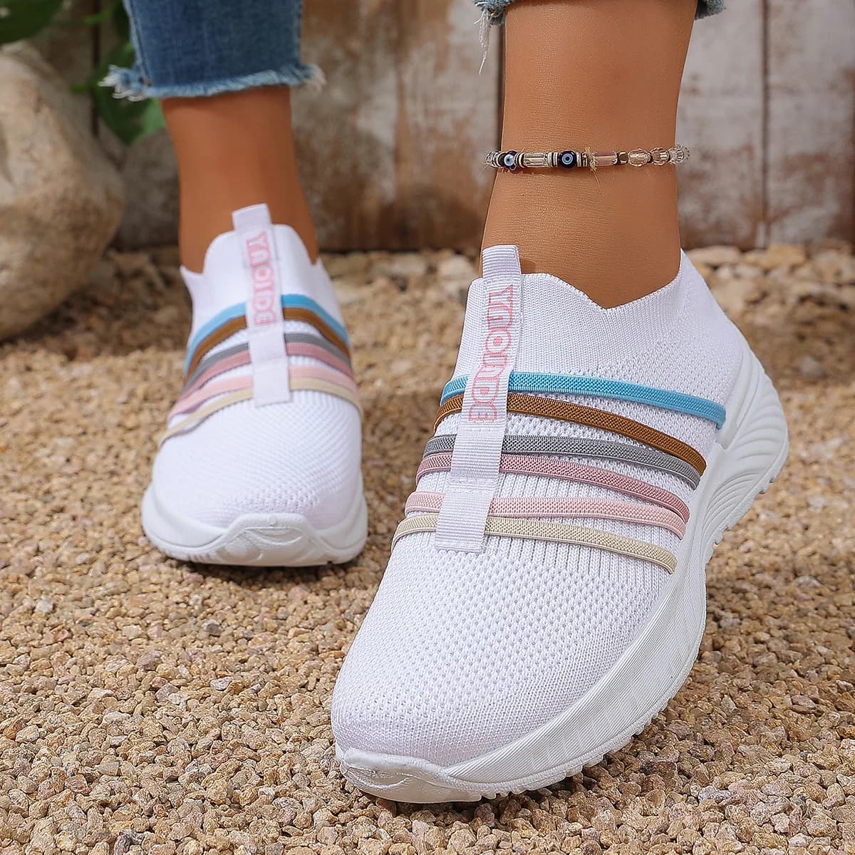 Women Slip On Casual Tennis Sneakers With Pastel Striped Breathable Mesh Upper, All Season Lightweight Comfort Athletic Footwear
