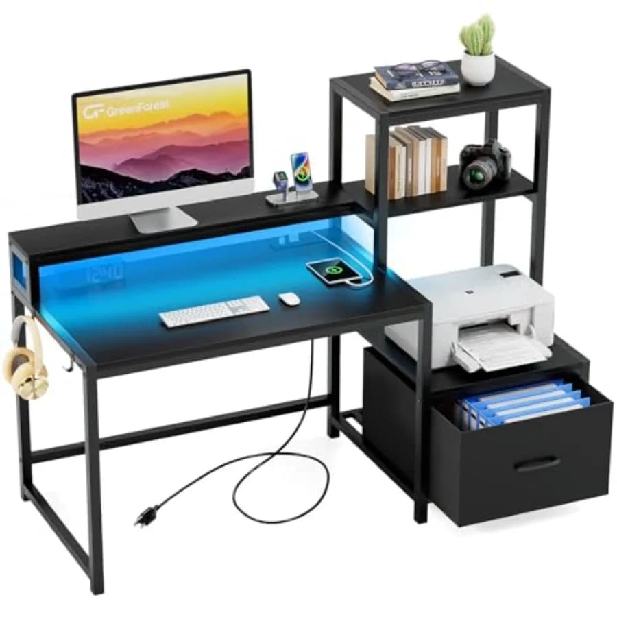 Computer desk with drawers and monitor support Home office desk with small play desk shelves with power sockets and LED