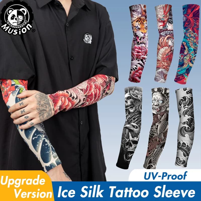Musion Nuove maniche per tatuaggi senza cuciture Anti UV Polvere Calzino per mani Maniche per braccio Pesca Moto Bicicletta Manicotti per tatuaggi unisex Set un paio