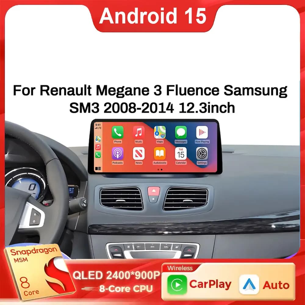 12.3 pollici Android 15 2K Per Renault Megane 3 Fluence Samsung SM3 2008 2009 2010-2014 Multimediale Senza Fili AUTO CarPlay Schermo 4G