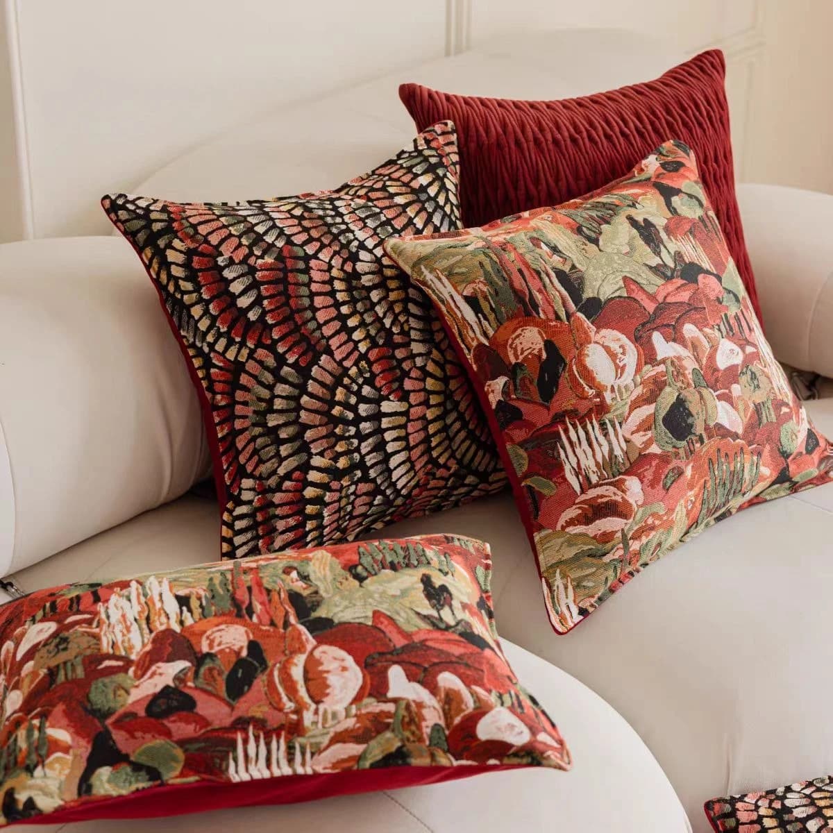 LuxJacquard French Cushion Lining Modern Tropical Forests Pillow Lining Decorative Texture Red Wine Home decor Federa for sofa