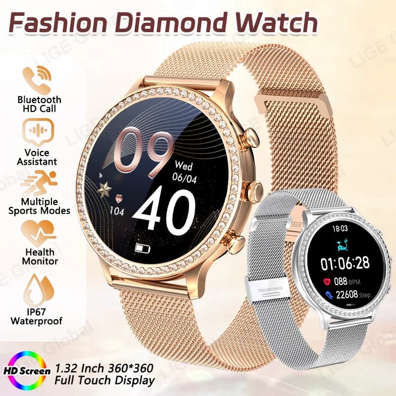LIGE Fashion Women Diamond Watch Bluetooth Call 1.32" 360*360 HD Display Heart Rate SpO2 Blood Pressure Monitoring Smartwatch