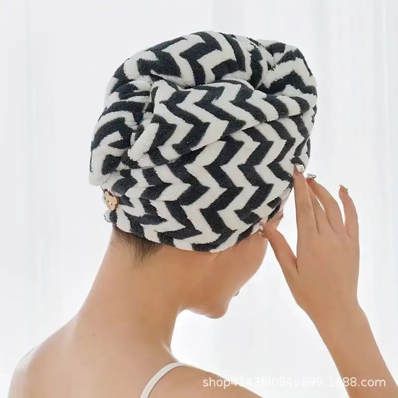 Striped Microfiber Hair Drying Cap, Thick Coral Fleece Quick Dry Shower Wrap, Breathable Super Absorbent Bath Hat