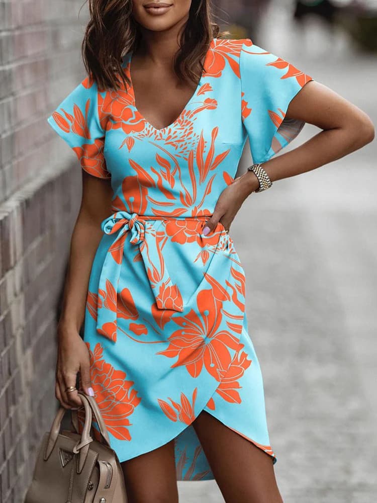 Elegante pendolare ufficio signore vestito moda stampa estate manica corta scollo a V cintura abiti per le donne Casual Boho Beach prendisole