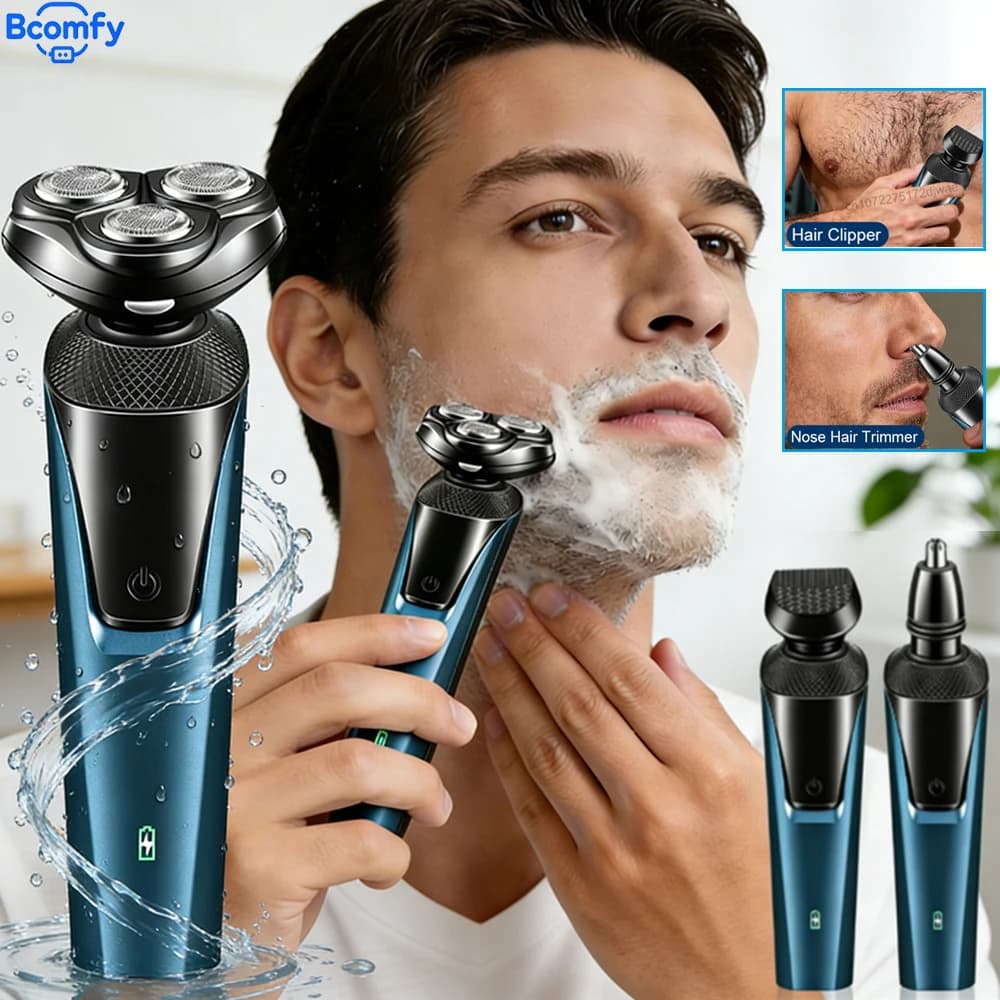 Electrical Rotary Shaver for Men Rechargeable Washable 3-in-1 Beard Trimmer Electric Hair Clipper Wash Dry Wet & Dry Use Shaver