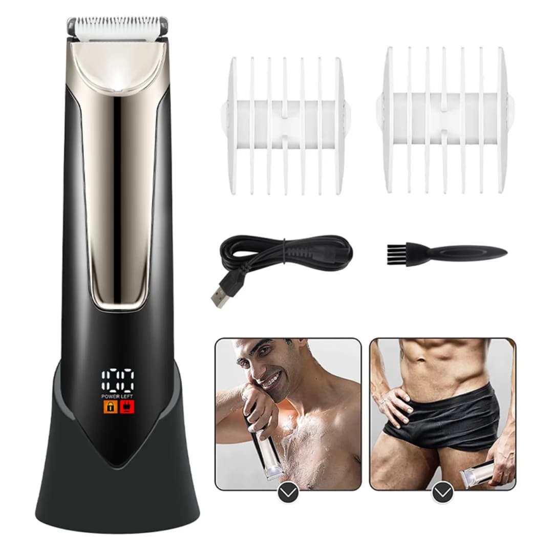 Men's Electric Hair Trimmer Full-Body Washable LCD Digital Display Home Private Hair Remover with Base for Charging