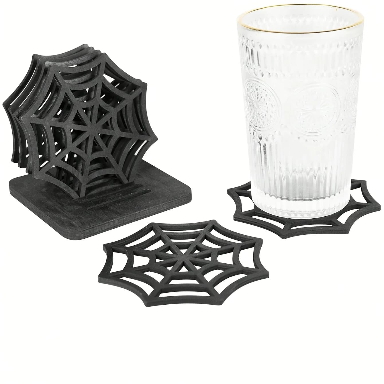 1pcs Halloween Spider Web WoodenCoasters, Creative Hollow Tabletop Decor, Black Coaster Cup Mat Pad Trivet Mats For Party