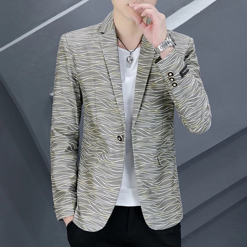 Slim Fit Short Men's Suit Jacket Autumn New Style Korean Version Youth Small Size Barber Coat Casual Striped Pattern Long Sleeve