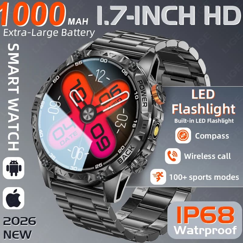 LIGE Smartwatch militare con batteria da 1000 mAh, GPS, tracker sportivo, bussola, impermeabile, chiamate Bluetooth, per Android e iOS