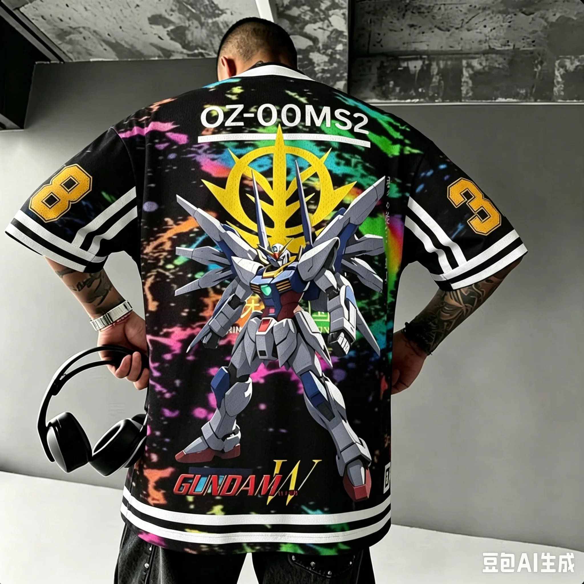 Men Anime Gundam Wing OZ-00MS2 Rainbow Splash Full Back Mecha Print Oversized Tee Fan Merch Daily Cosplay Manga Jersey Shirts