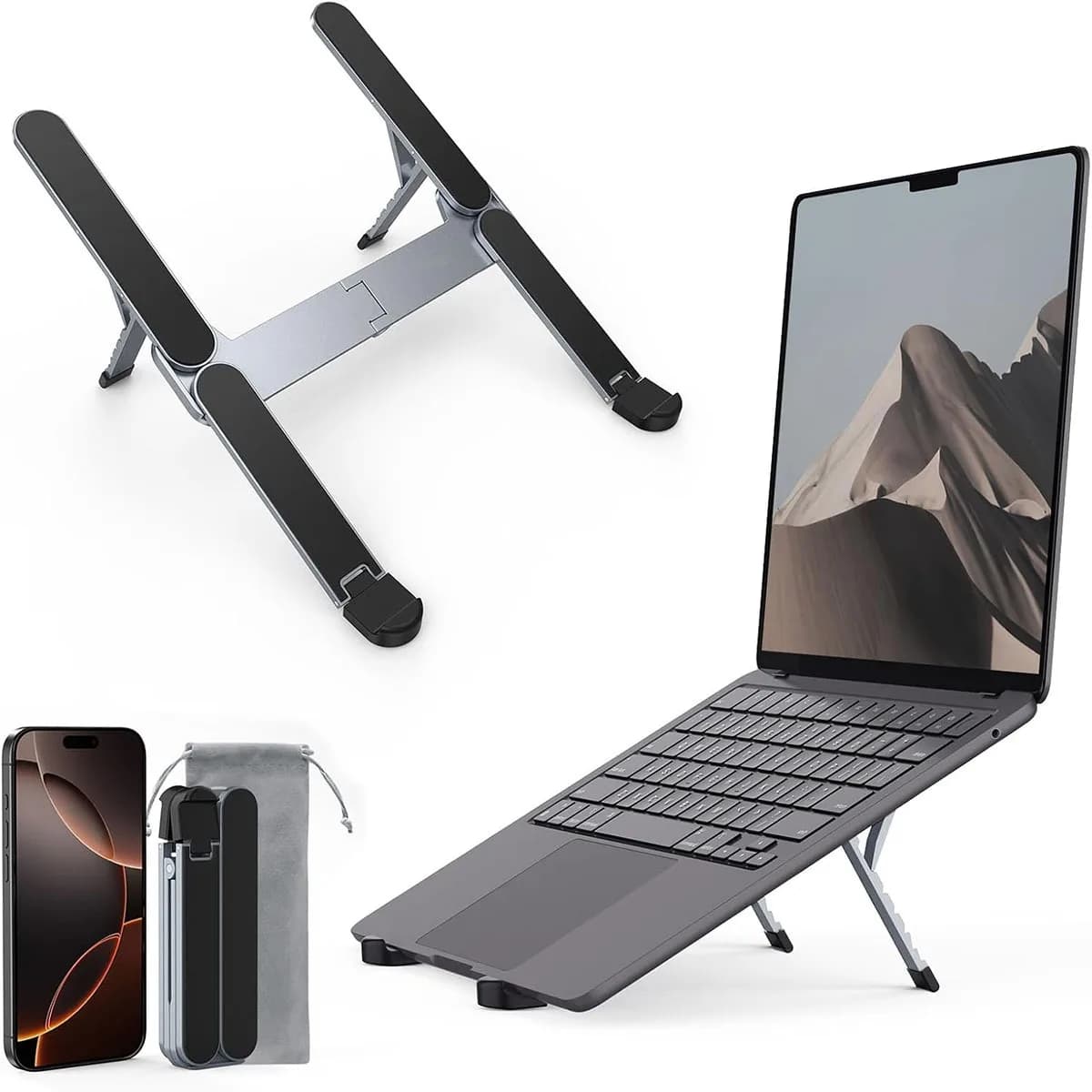 [Ultra Compact] Bi-foldable Foldable & Portable Laptop Aluminum Stand for Desk, Lightweight Tablet Stand for Business Travel