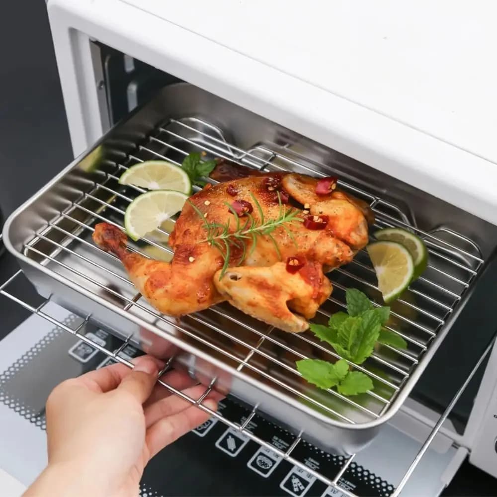 Teglia da Forno Portatile Antiaderente in Acciaio Inossidabile con Griglia di Raffreddamento, Vassoio Quadrato per BBQ, Griglia Rimovibile per Cucinare e Arrostire