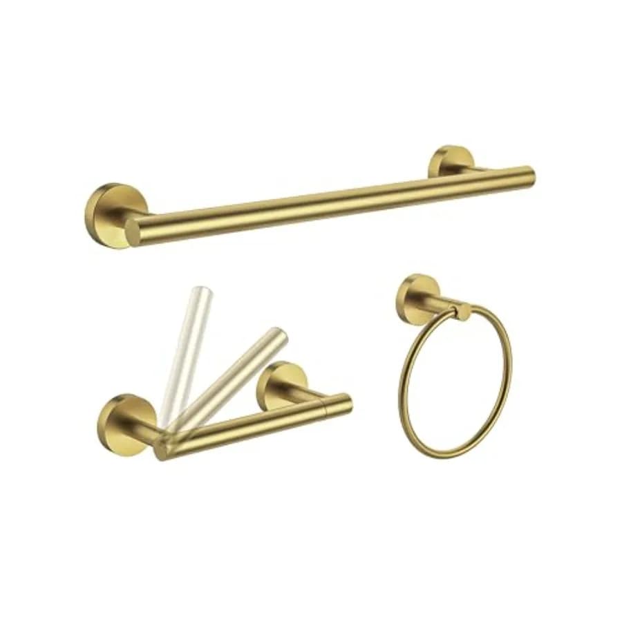 Set di 3 Accessori per Bagno in Ottone Spazzolato: Portarotolo, Anello Portasciugamani e Barra Portasciugamani in Acciaio Inox SUS304