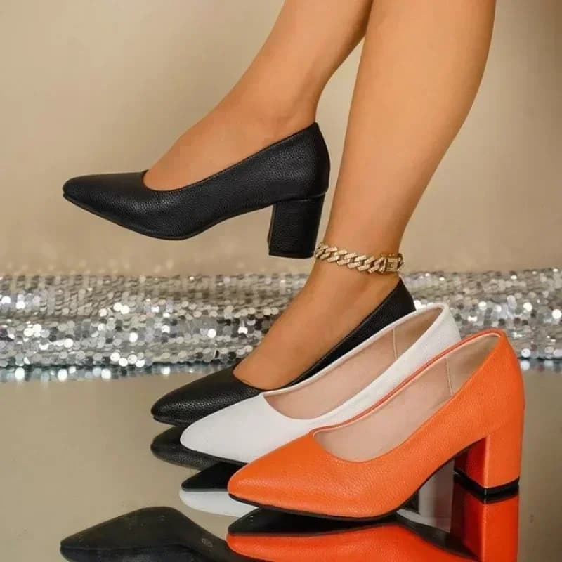 Women Pu Leather Block Heel Pumps, Pointed Toe Slip‑On Office Dress Shoes, Multiple Colors Available