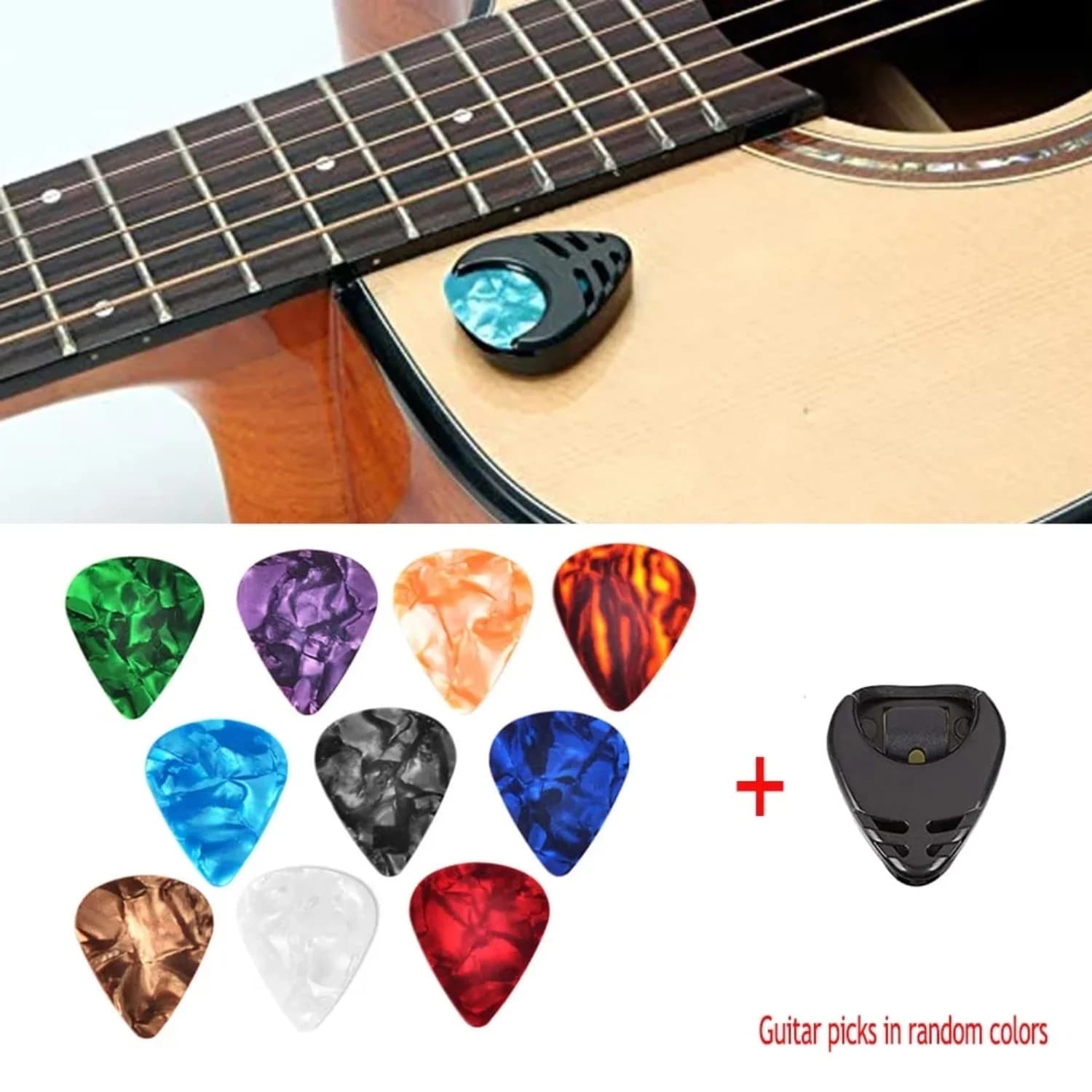 10 pezzi di plettri per chitarra a colori casuali e 1 set di supporti per plettro per chitarra piccola nera per chitarra elettrica acustica basso ukulele stick-on