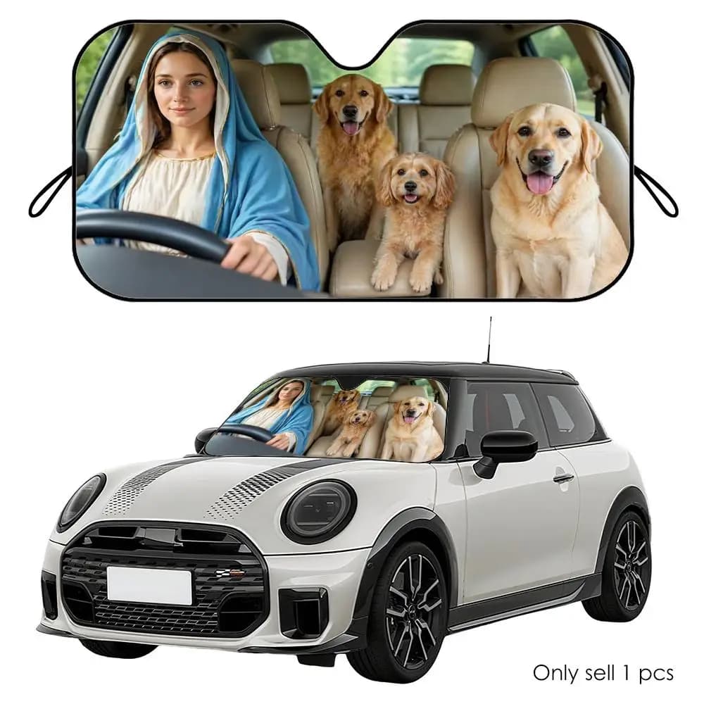 Parasole per Auto in Alluminio Riutilizzabile con Motivo Vergine Maria e Cane, Protezione UV e Isolamento Termico