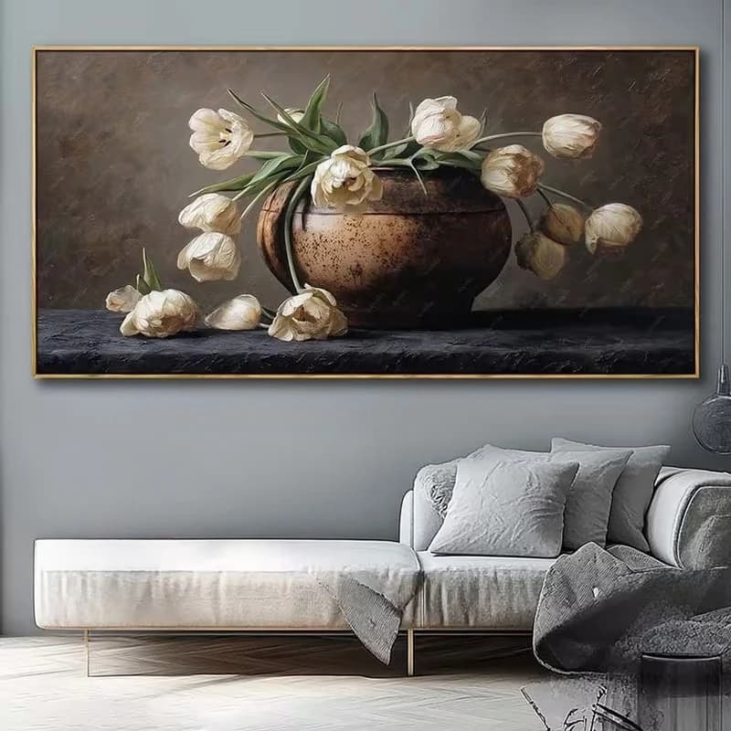 White Tulip Brown Earthenware Jar Poster and Prints Canvas Painting Wall Art Picture for Living Room Home Decor Cuadros No Frame