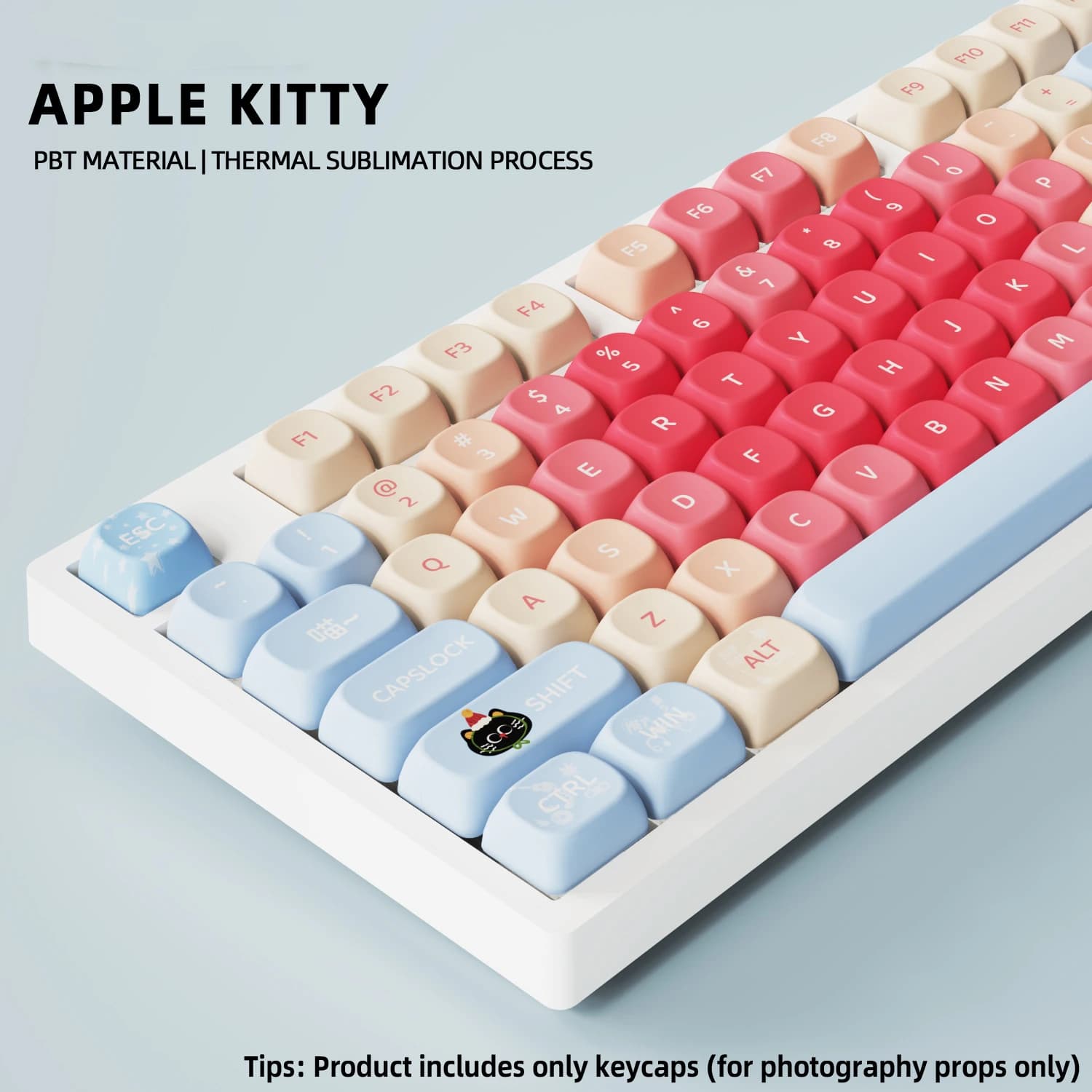Keycaps Apple Kitty 121 PBT material keys, MOA profile, DYE-SUB for MX switches, Wooting mechanical keyboard keys, ANSI ISO layout