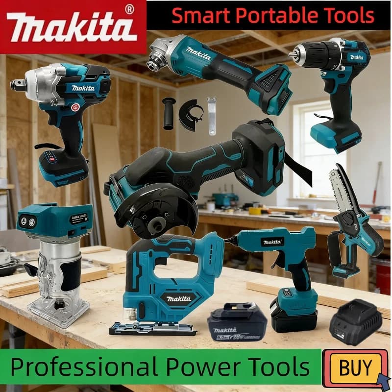 Kit Combo Makita 18V: Smerigliatrice Angolare Brushless, Pistola per Grasso, Motosega, Gonfiatore d'Aria, Pistola per Sigillante Siliconico e Troncatrice