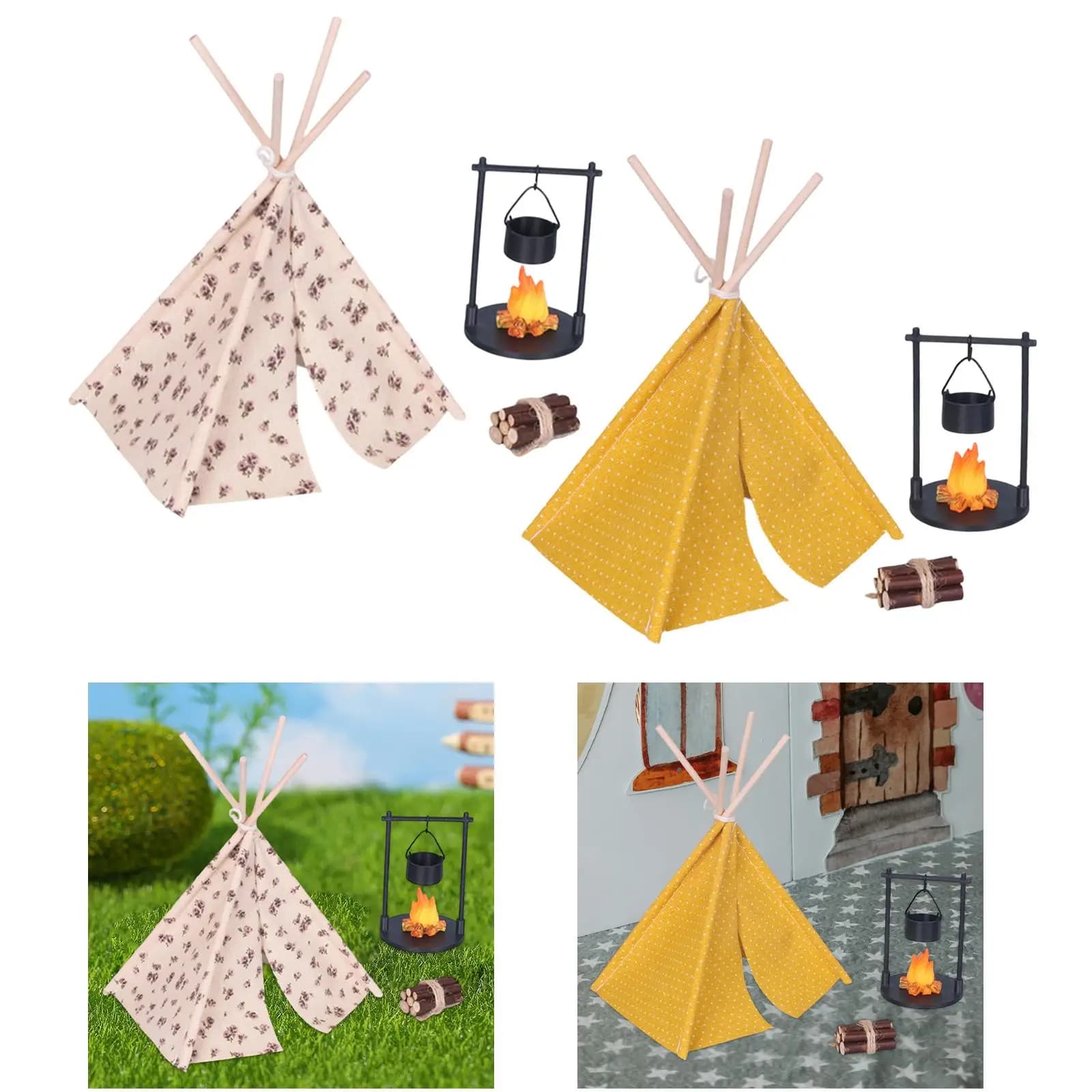 Set Miniatura Tenda da Campeggio per Casa delle Bambole con Stufe Sospese e Legna da Ardere, Kit Fai-da-Te per Camera da Letto e Patio delle Bambole