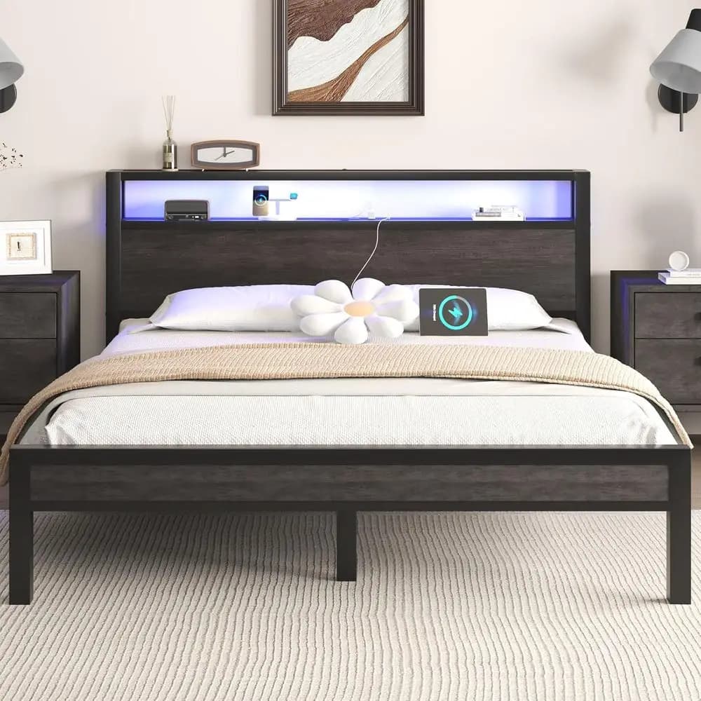 Grey Industrial Platform Bed with Storage, Charging Station, LED Lights, Metal Slats, No Box Spring Needed, Noise-Free
