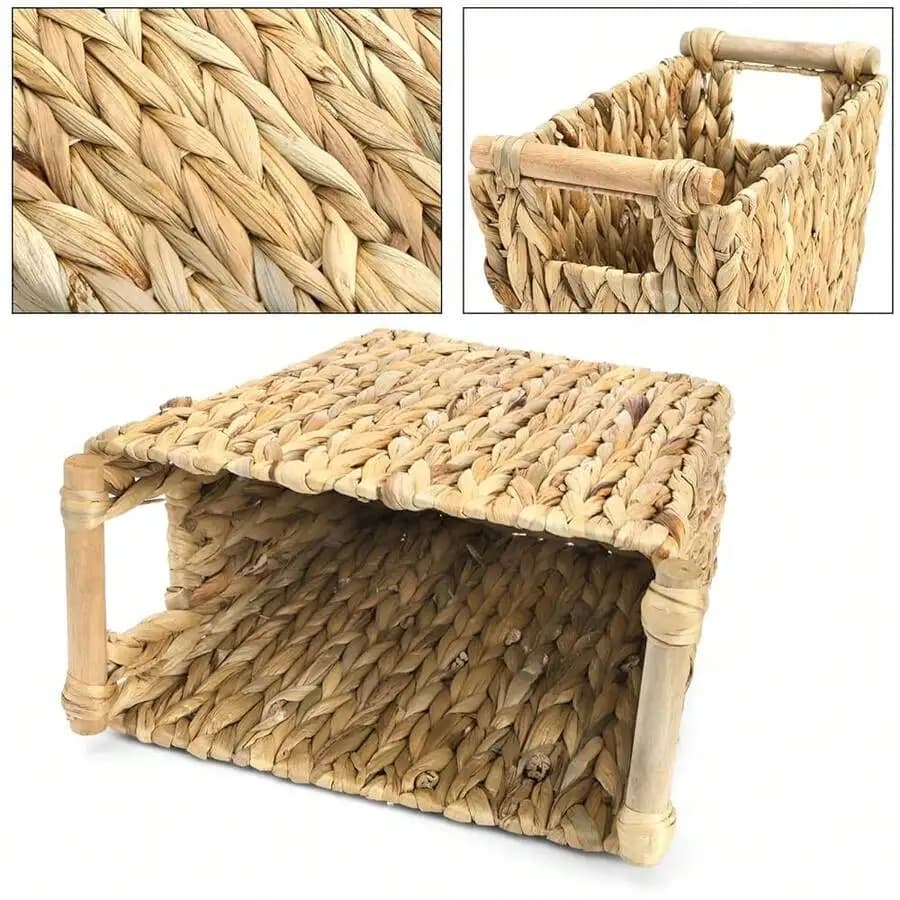 Handwoven Water Hyacinth Waste Basket With Wooden Handles Boho Rustic Storage Container