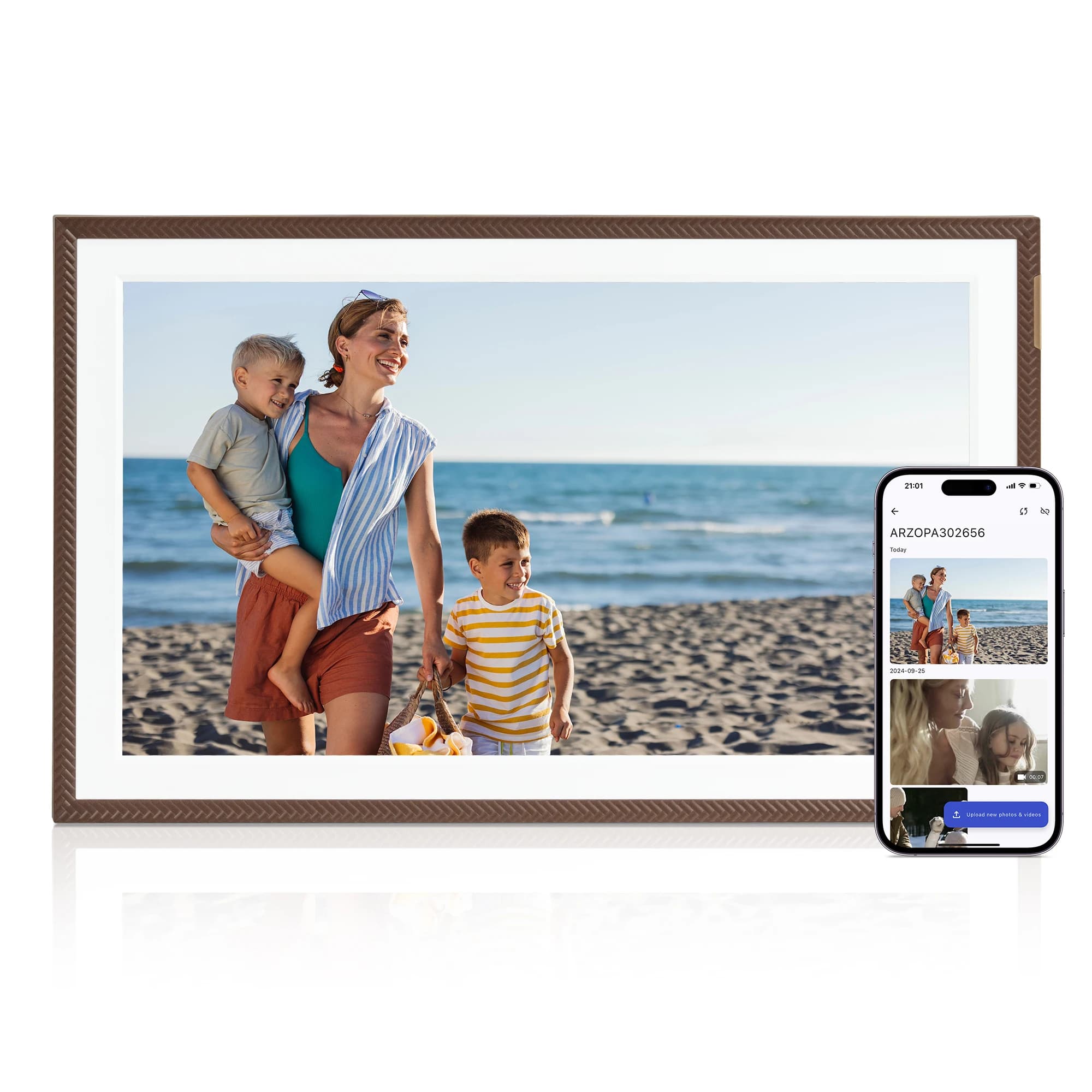 Arzopa D15 Marrone 1080P Cloud Cornice da 15,6 pollici Condividi foto Wifi Smart Touch Screen Foto elettroniche digitali Cornici video