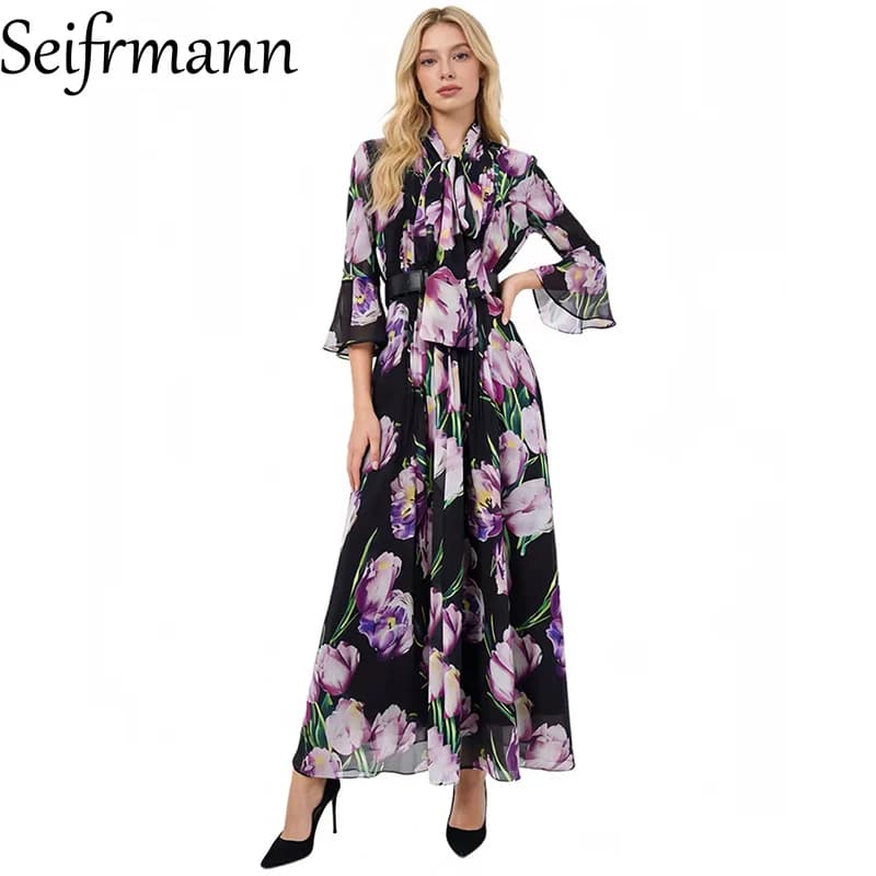 Seifrmann 2026 Nuovo Abito Lungo da Donna Primaverile alla Moda con Colletto a Frenulum, Maniche Lunghe, Stampa e Cintura in Vita