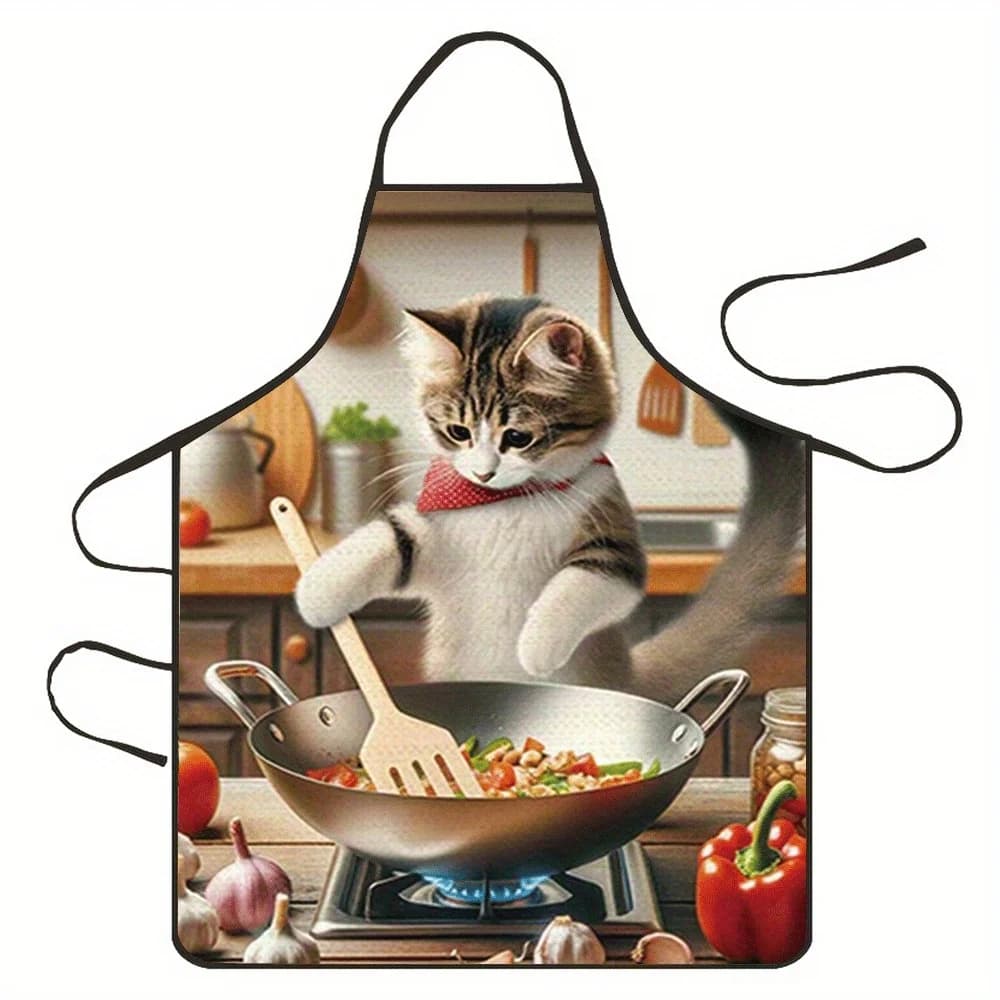 A Unisex Kitchen Apron Featuring Cats, Frying Pans, And Vegetables
