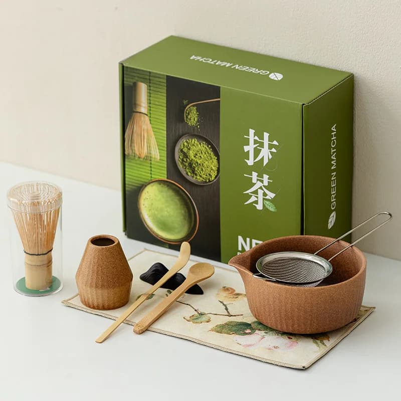 Set Matcha da 8 Pezzi, Nuovo Kit Giapponese per Matcha con Motivo Verticale Cotto in Forno, Ciotola per Matcha, Set di Strumenti per Cerimonia del Tè Stile Dinastia Song