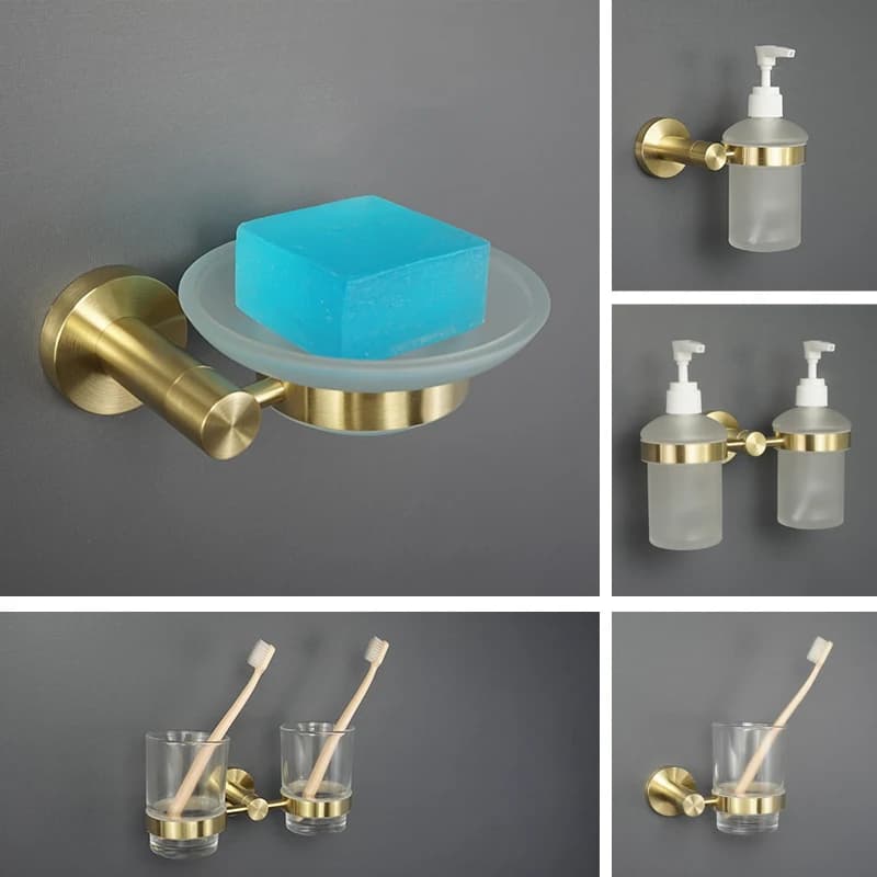 Doppio portaspazzolino portabicchieri in oro spazzolato portabicchieri per montaggio a parete portasapone in vetro dispenser in schiuma accessori per il bagno