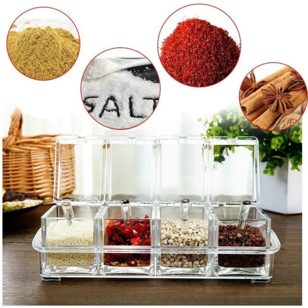D5 Set di scatole per condimenti da cucina Contenitore per condimenti in cristallo trasparente Bottiglia per condimenti con coperchio Cucchiaio Strumenti per condimenti da cucina