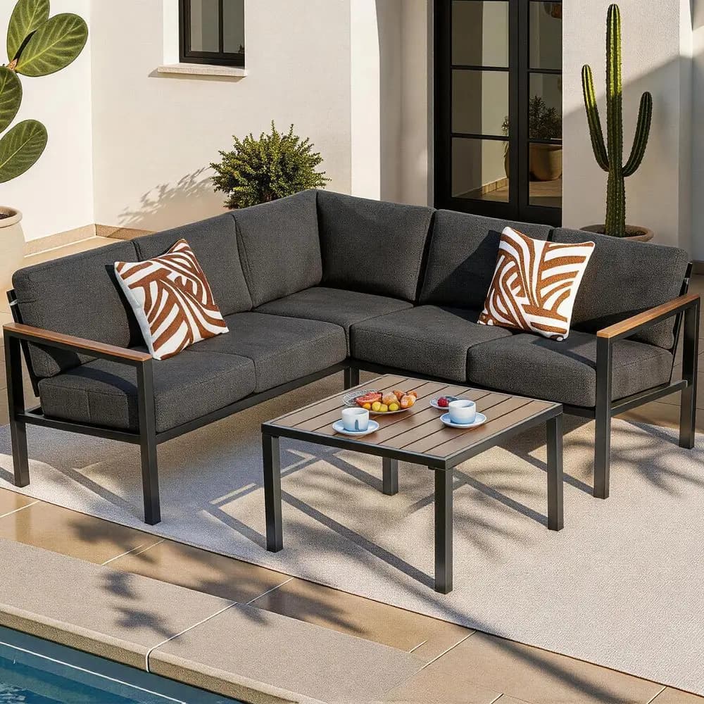Set di mobili da giardino da 6 pezzi, divano da esterno con cuscini spessi in olefina, braccioli e piano del tavolo in finto legno, schienale ergonomico alto, per esterni
