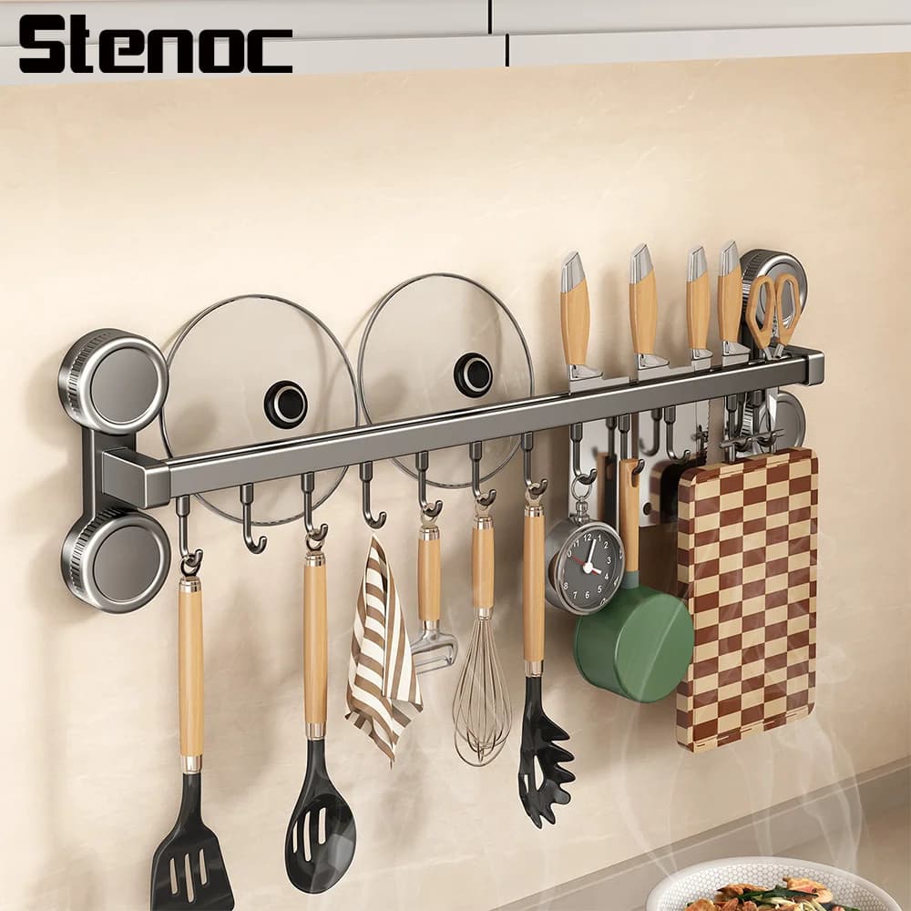 Suction Cup No Punching Wall Mount Kitchen Hook Rack Cooking Tool Holder Kitchen Utensils Organizer Chopping Board Storage Rack