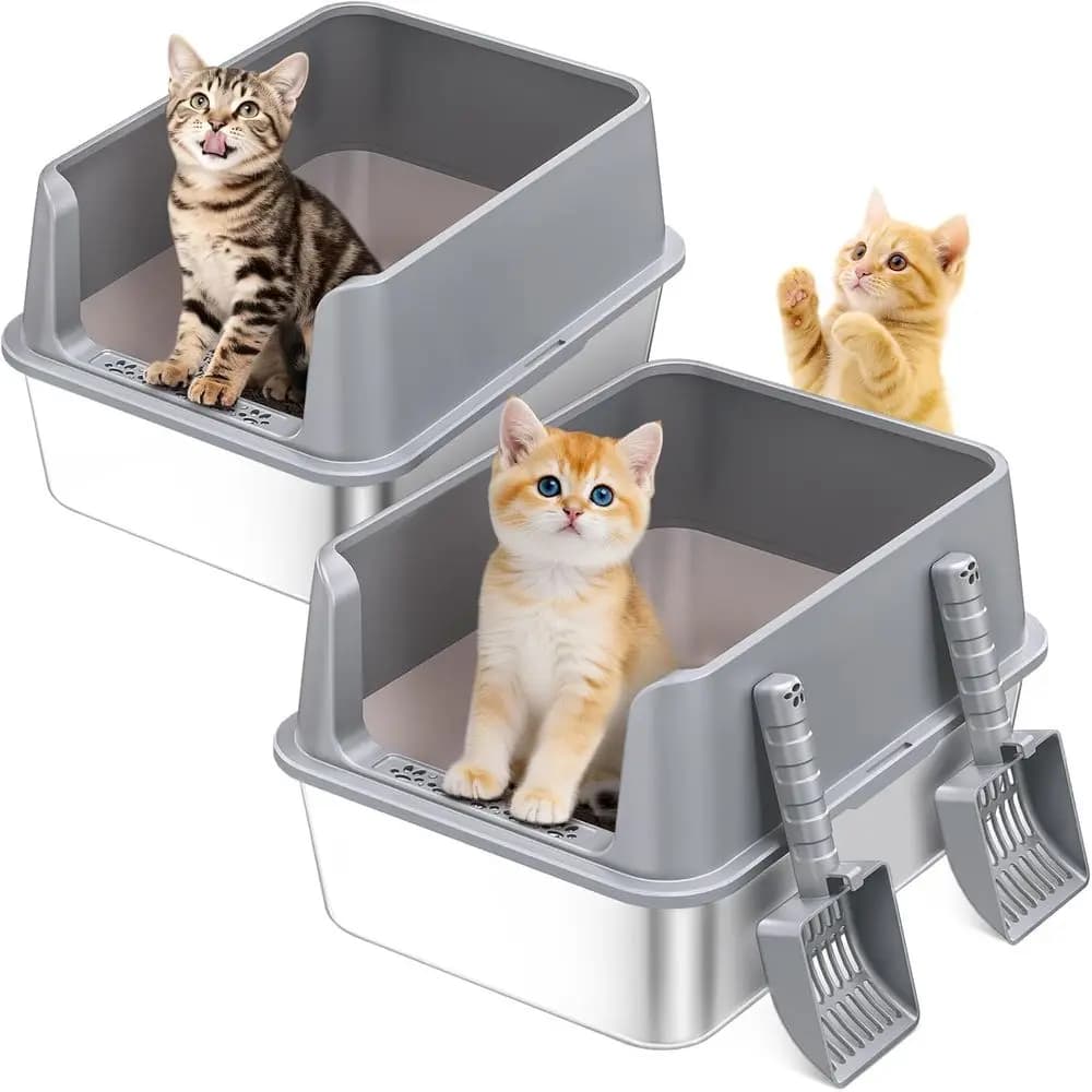 Lettiera per gatti in metallo con bordi alti per gatti piccoli e gattini, parte superiore aperta con coperchio anti-perdita, controllo degli odori, antiaderente, facile da pulire