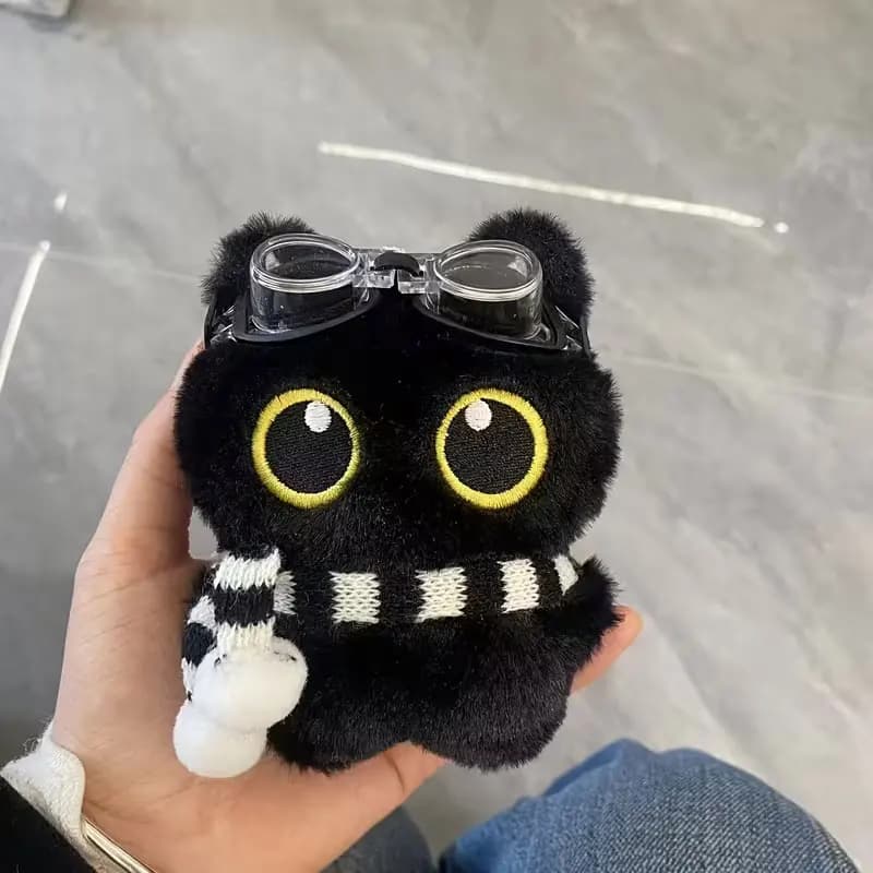 A Set of Four Plush Toys Featuring Black Cats (Including Leashes, Scarves, and Swimming Goggles), Made from Soft Polyester Fiber, Can Be Mixed and Matched for Pet Play, Suitable for All Dog Breeds