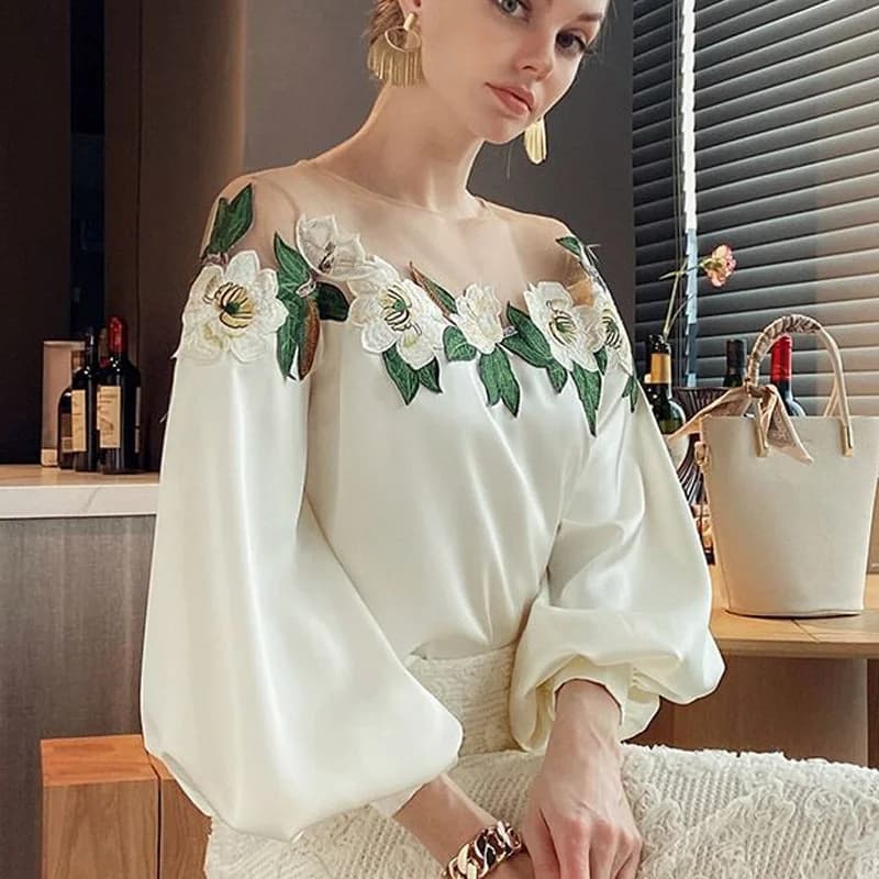 Long-sleeved lantern patchwork shirt in autumn knitted satin shirt O-Colle Top Ladies Clothing Elegant New 24976